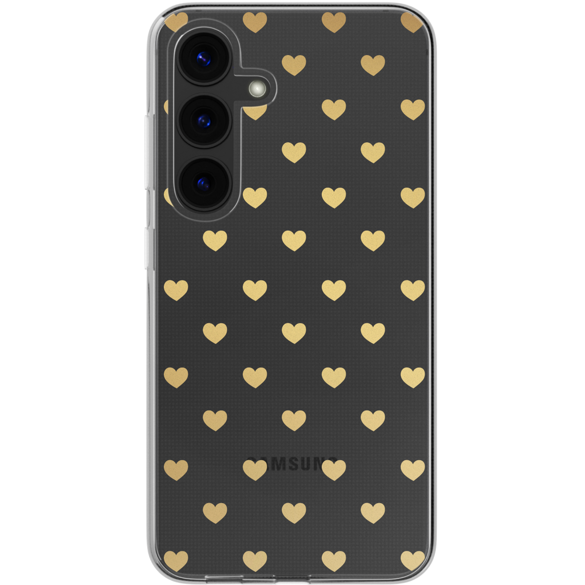 Un téléphone avec une coque noire recouverte de cœurs dorés. Le téléphone a plusieurs caméras arrière.