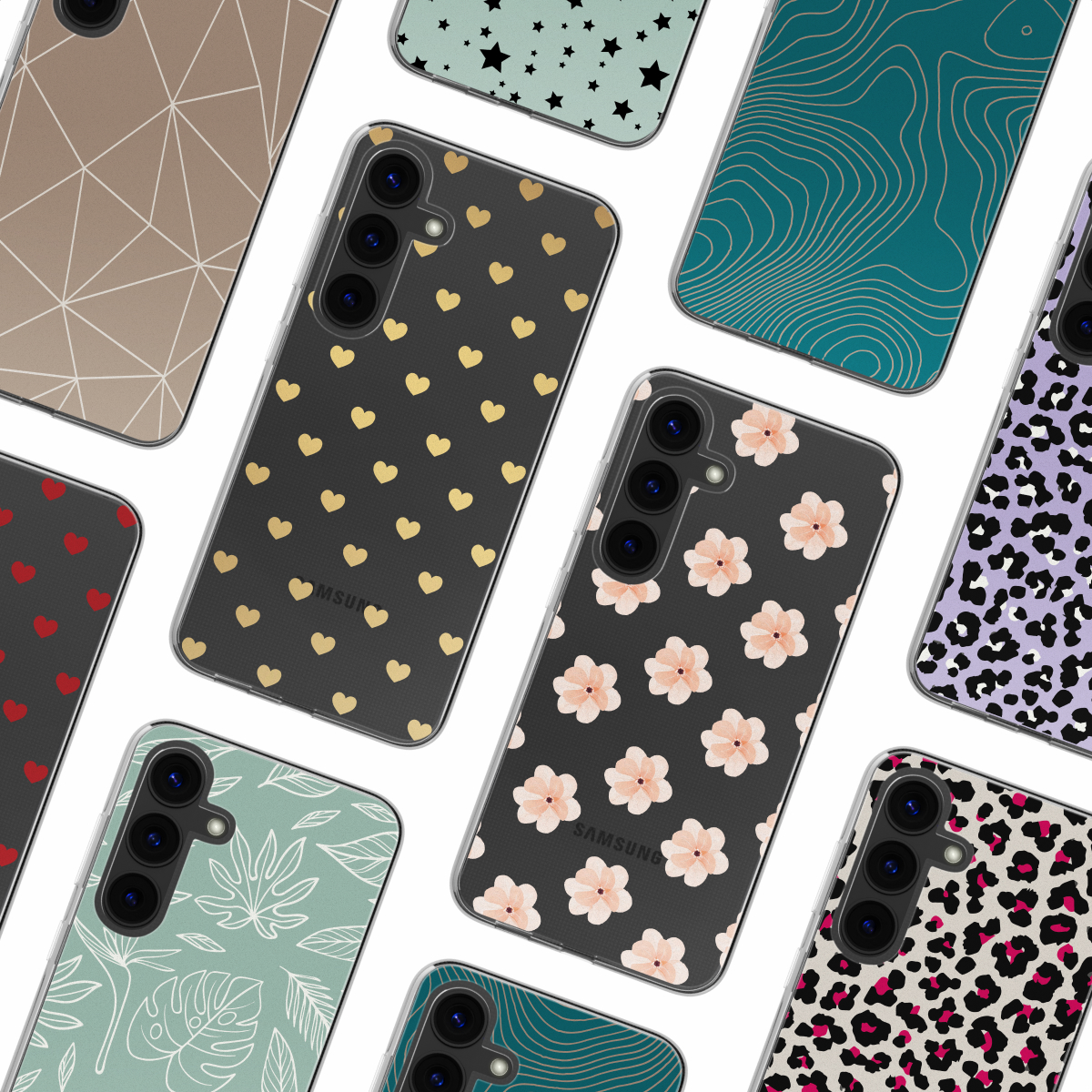 Coques de téléphone avec divers motifs : cœurs, fleurs et motifs géométriques. Elles sont sur fond blanc.