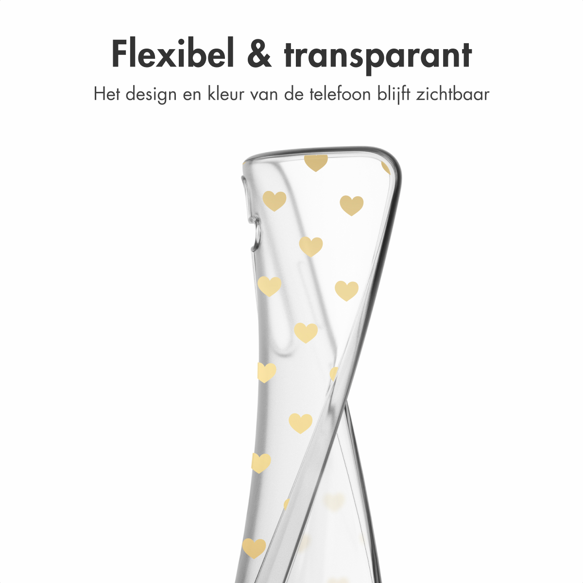 Un étui de téléphone transparent avec des cœurs dorés.