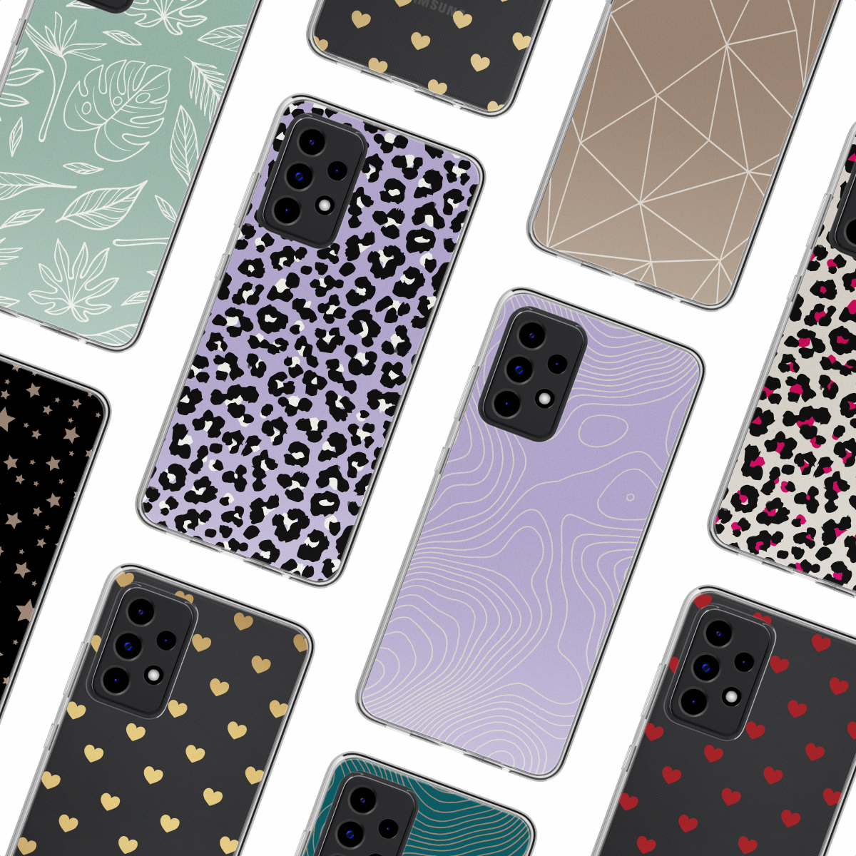Diverse custodie per telefono con vari modelli, tra cui leopardo, stelle e forme geometriche.