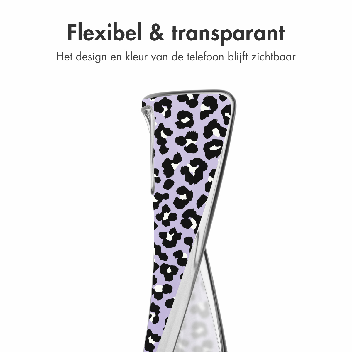 Custodia per telefono con sfondo viola e stampa leopardata nera. Il testo dice: Flexibel & transparant.