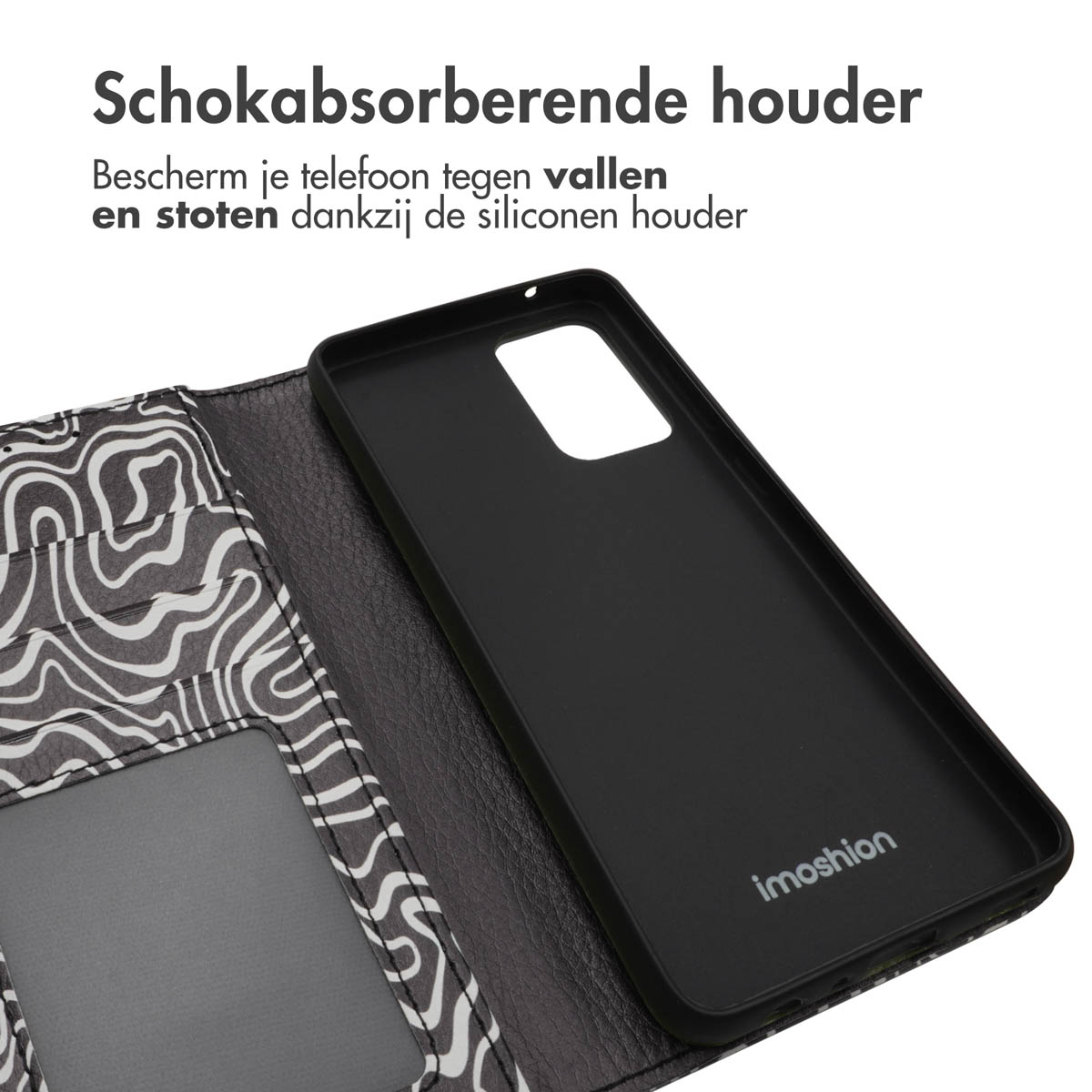 Open telefoonhoes, binnenin een zwarte telefoonhouder met een zwart-wit ontwerp.