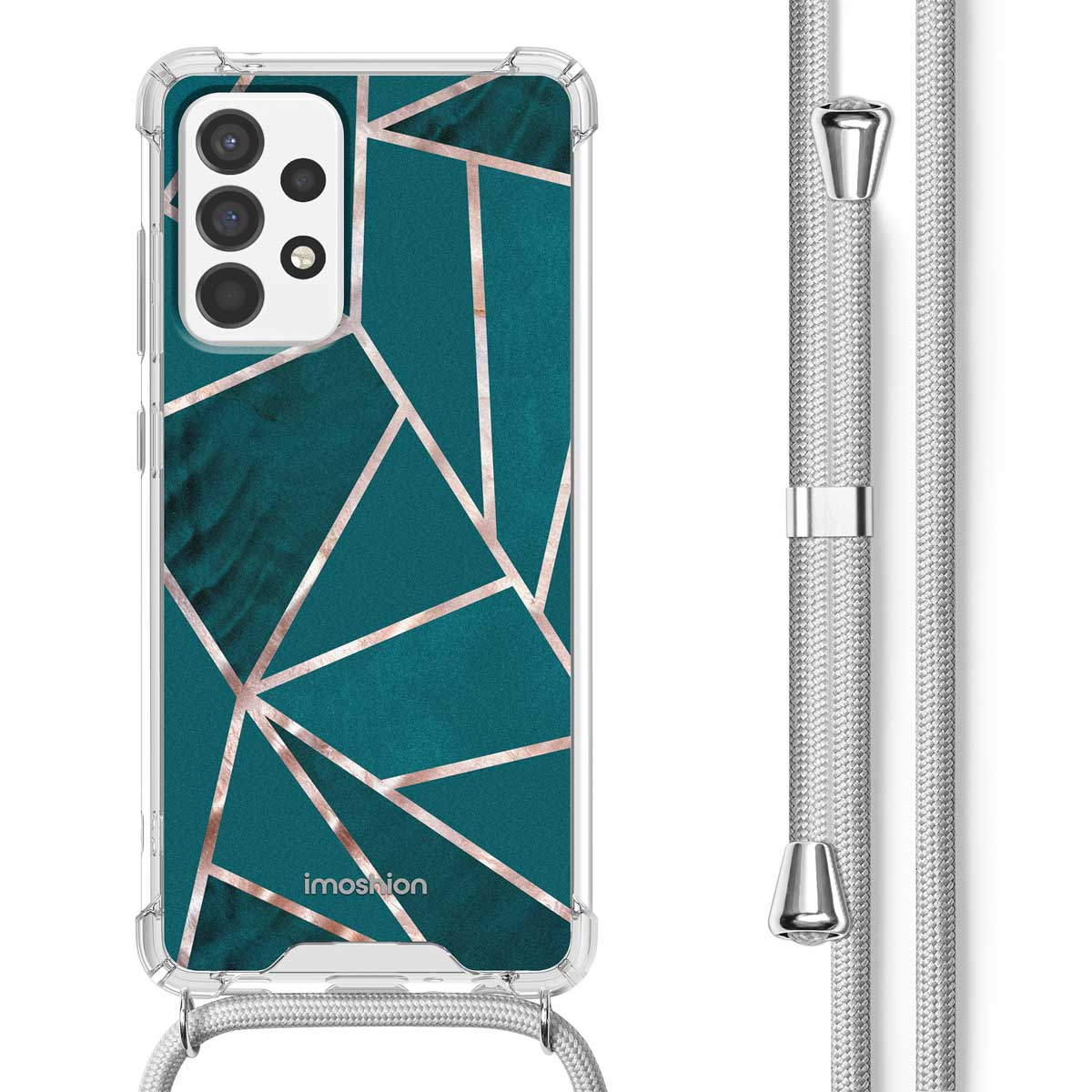Coque de téléphone vert d'eau avec un motif géométrique et un cordon argenté. Fond blanc.