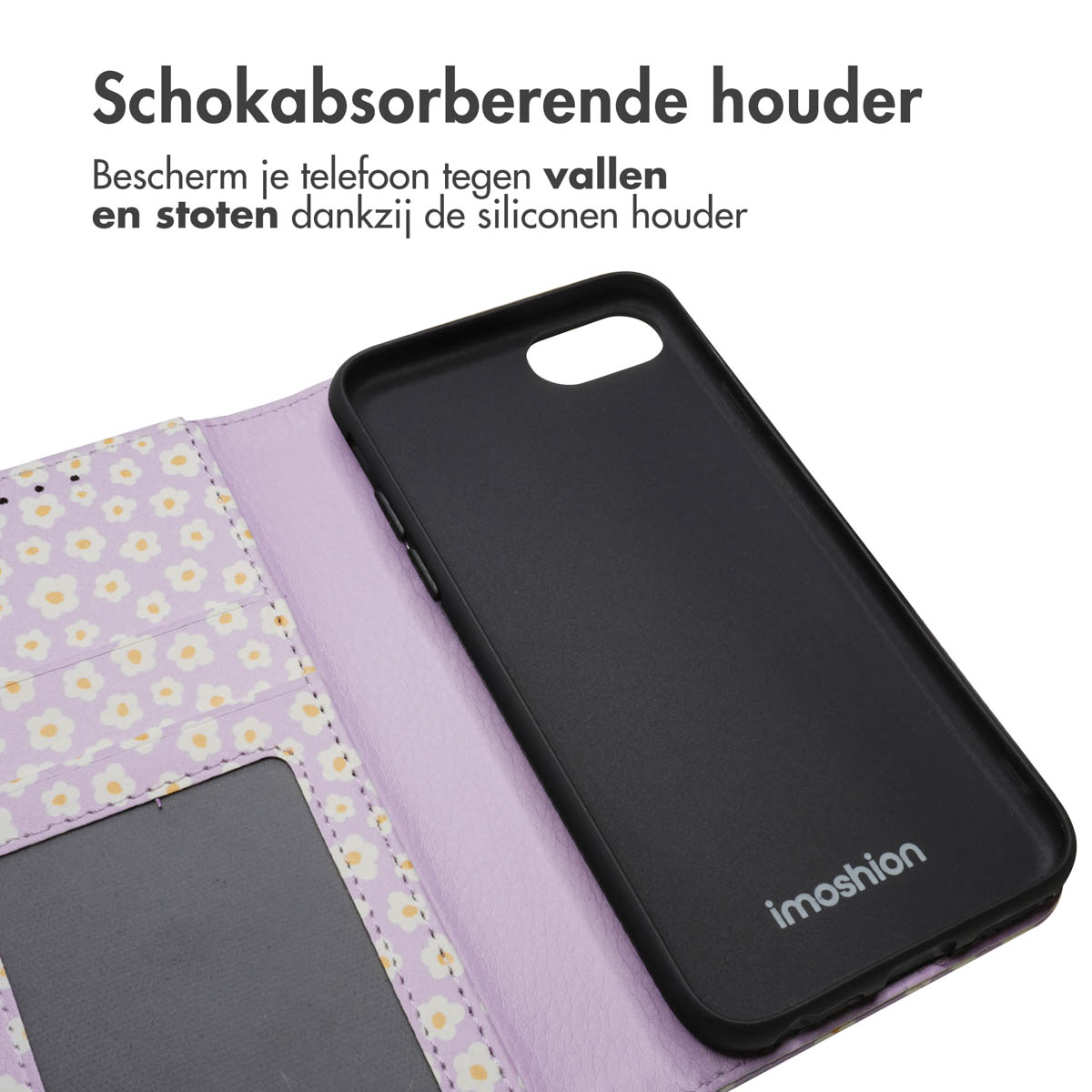 Zwarte telefoonhoes open. Binnenin een bloemenpatroon. Tekst: Schokabsorberende houder.