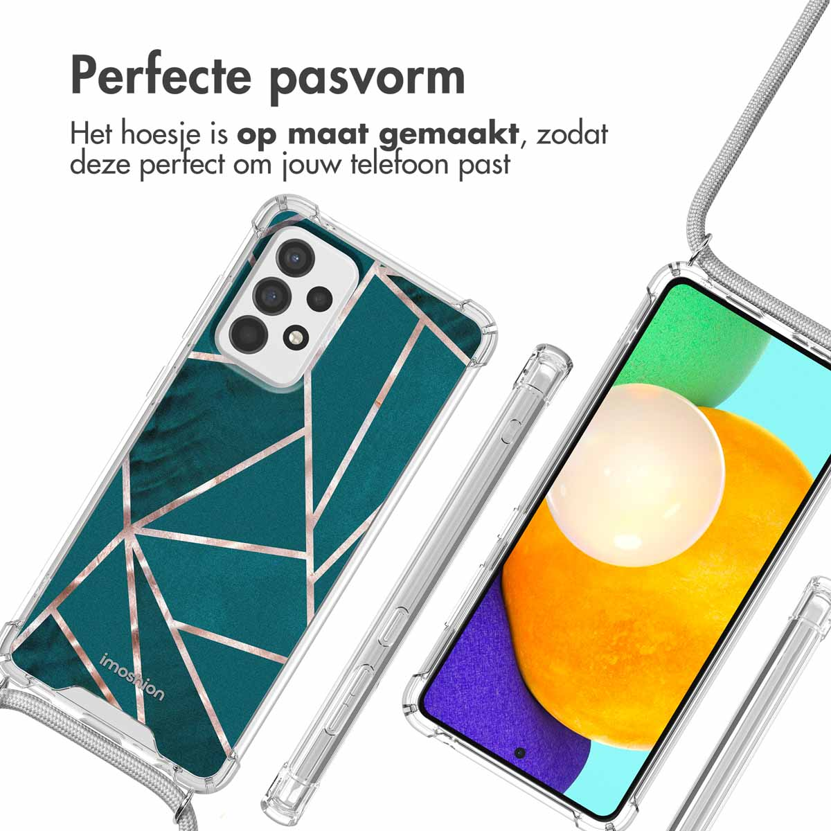 Deux téléphones dans des étuis, un teal avec un motif géométrique et un clair. Les deux ont des cordes.