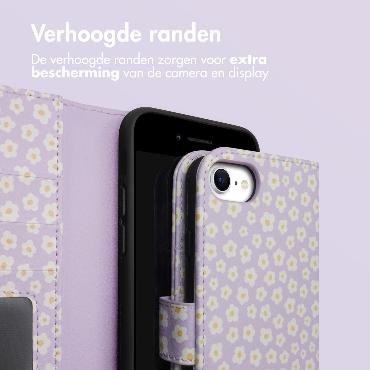 Open telefoonhoes, binnenin een telefoon met een bloemenpatroon en witte bloemen.