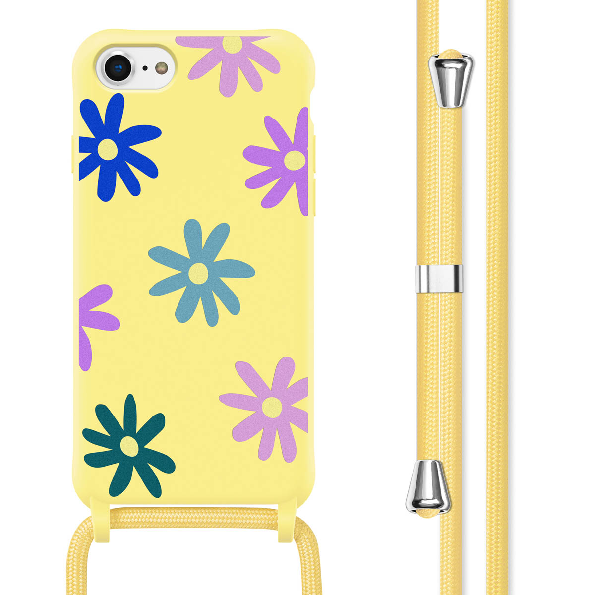 Gele telefoonhoes met kleurrijke bloemen en een geel koord.