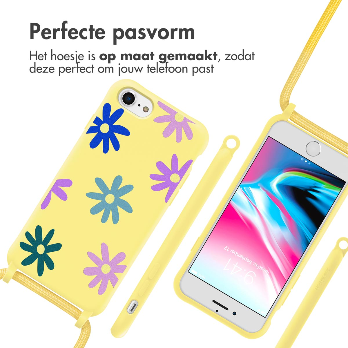 Gele telefoonhoes met blauw en paars bloemmotief, riem en telefoon.