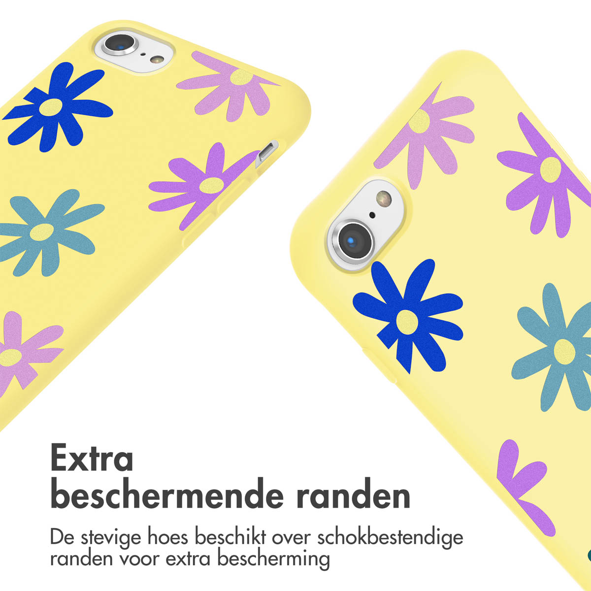 Geel telefoonhoesje met blauwe en paarse bloemen. De telefoon wordt onder een hoek getoond. Achtergrond is wit.