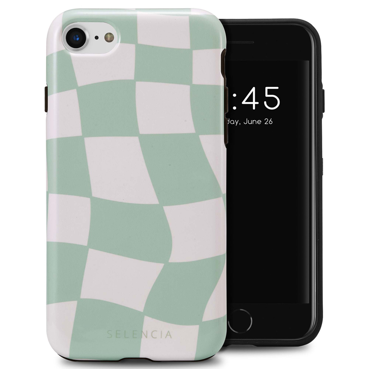 Téléphone avec coque à carreaux ondulés verts et blancs. Téléphone noir à droite.