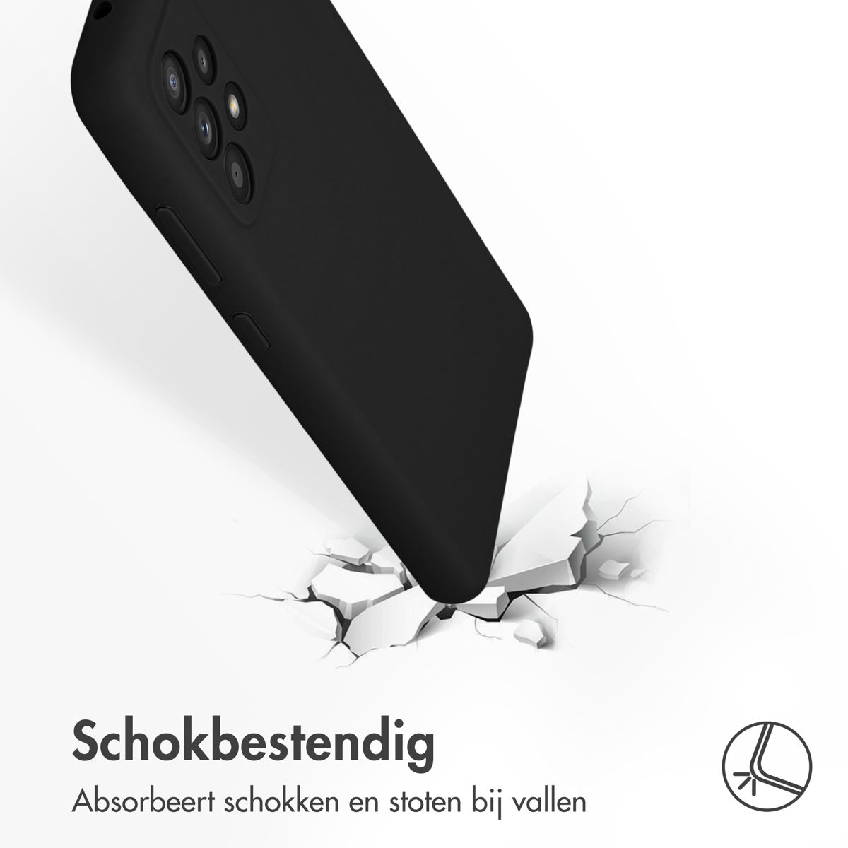 Zwarte telefoonhoes valt op een oppervlak en breekt het. De hoes is schokbestendig.