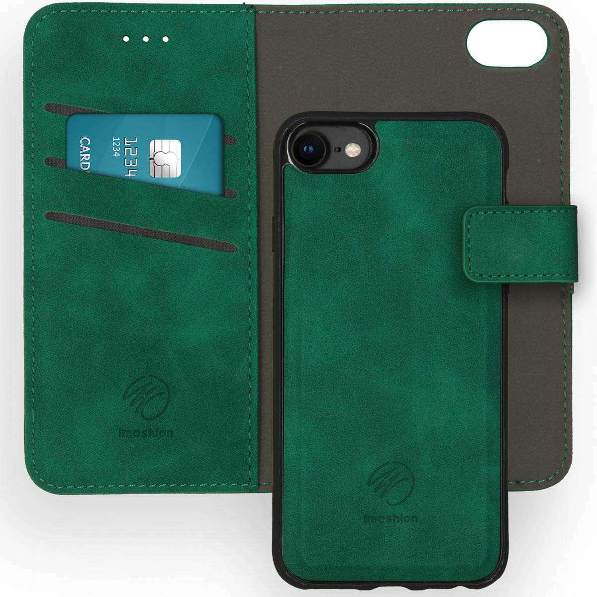Groene leren telefoonhoes met telefoon erin. De hoes is open, kaartsleuf zichtbaar.