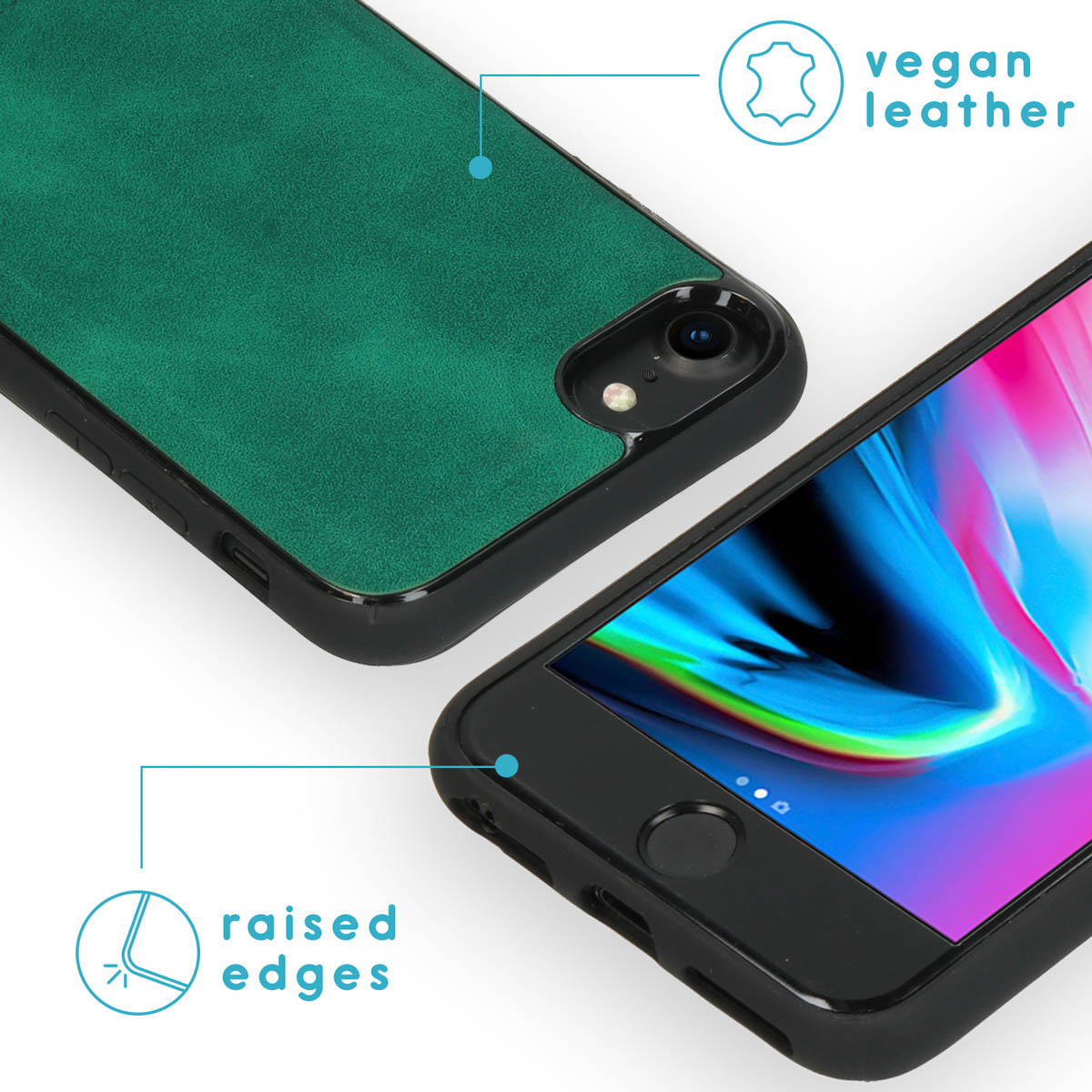 Twee telefoonhoesjes. Groen veganistisch leer. Eén hoesje zit op de telefoon. Tekst: Verhoogde randen.