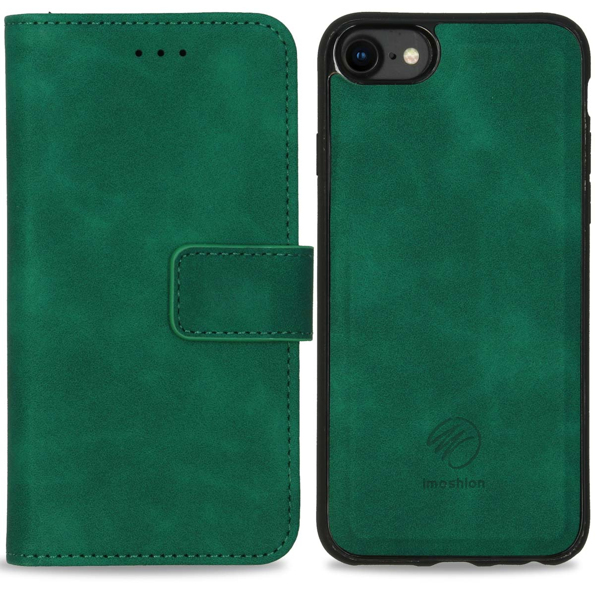 Groene leren telefoonhoes, open en dicht, met een zwarte telefoon erin.