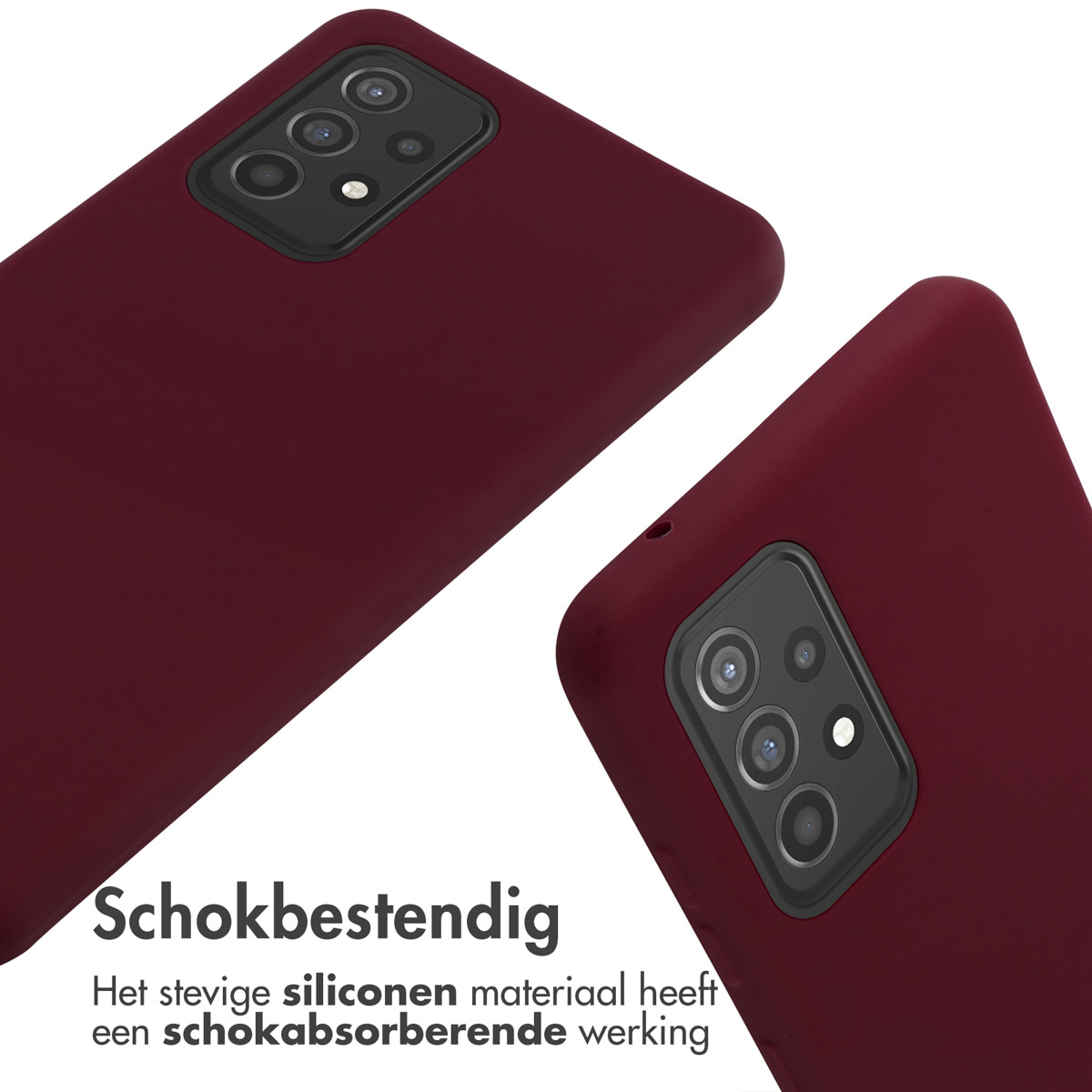 Deux coques de téléphone bordeaux. Le texte dit : Antichoc. Le matériau en silicone absorbe les chocs.