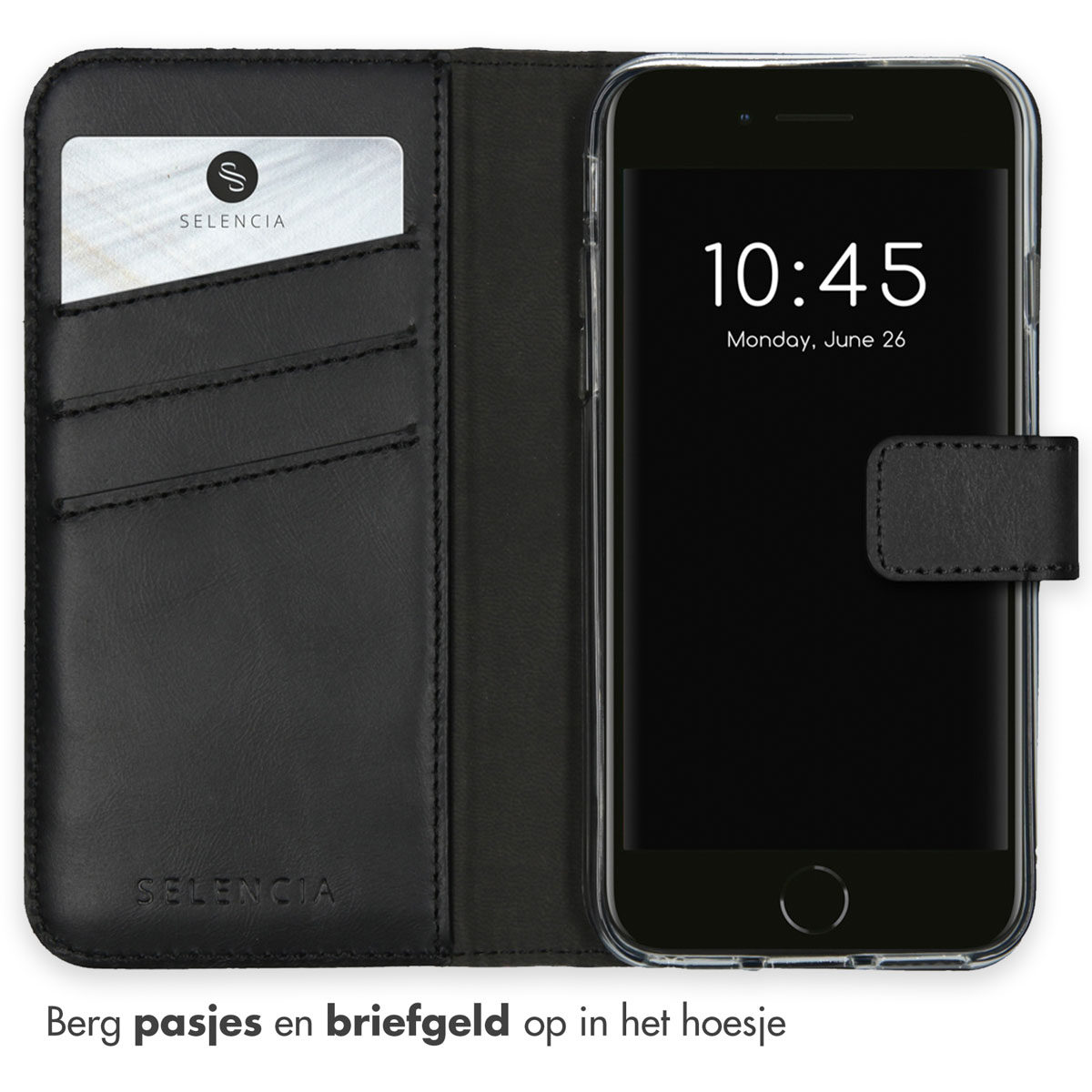 Zwarte telefoonhoes met telefoon, kaartsleuven en magnetische sluiting. Tijd en datum worden weergegeven.
