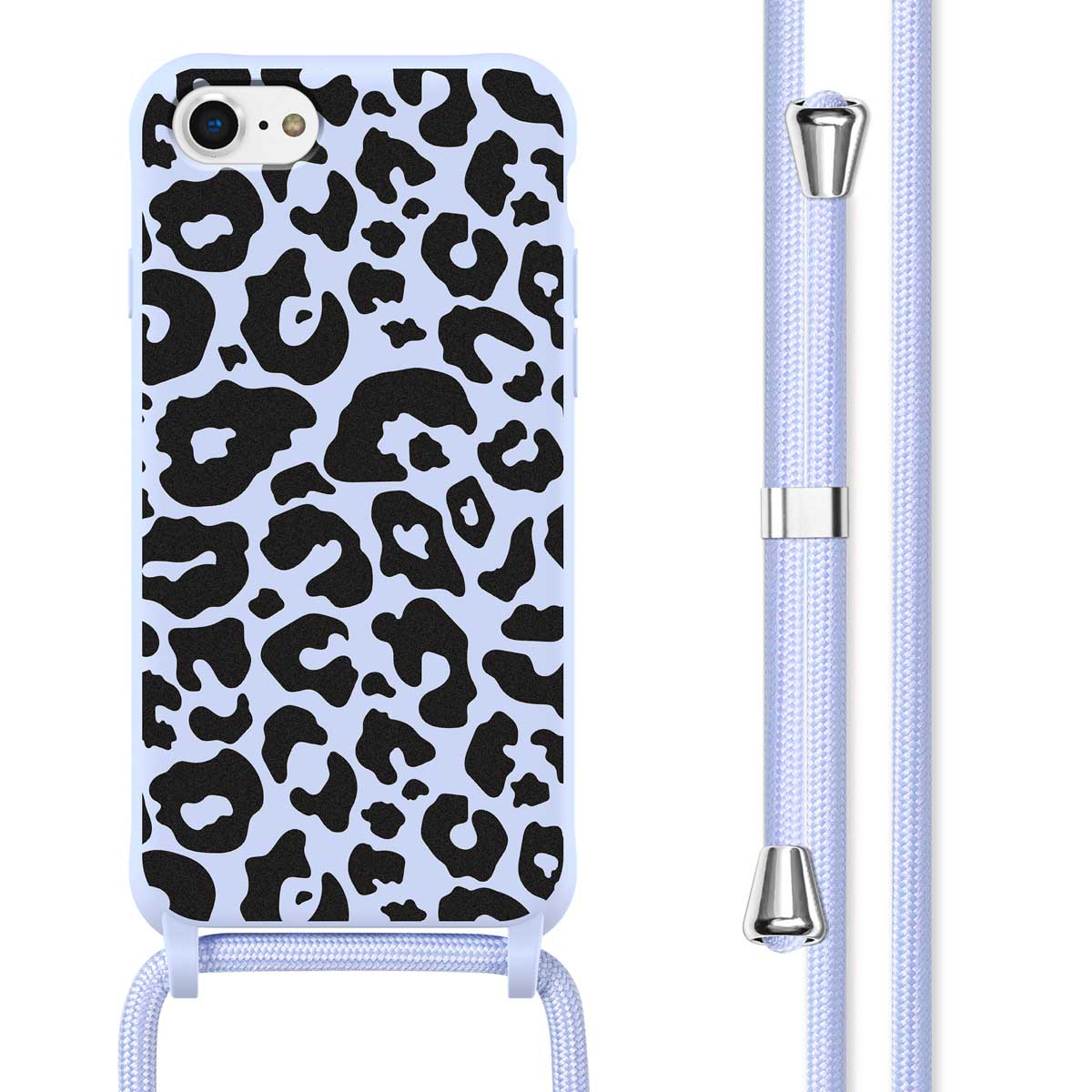 Blauwe telefoonhoes met luipaardprint, telefoon en blauwe riem.