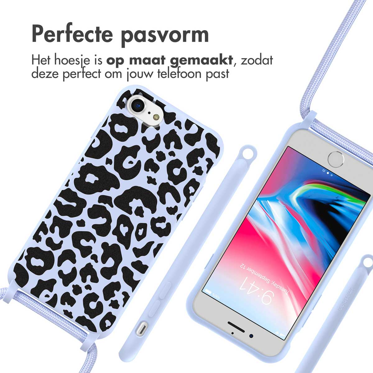 Twee telefoons in hoesjes, één luipaardprint en één wit, beide met touwtjes.