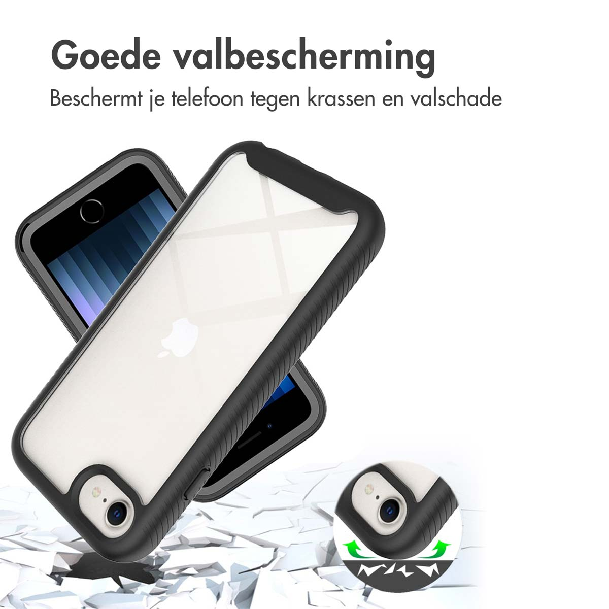 Transparante telefoonhoes met een telefoon erin. De tekst zegt dat de hoes goede bescherming biedt. De telefoon ligt op een gebarsten oppervlak.