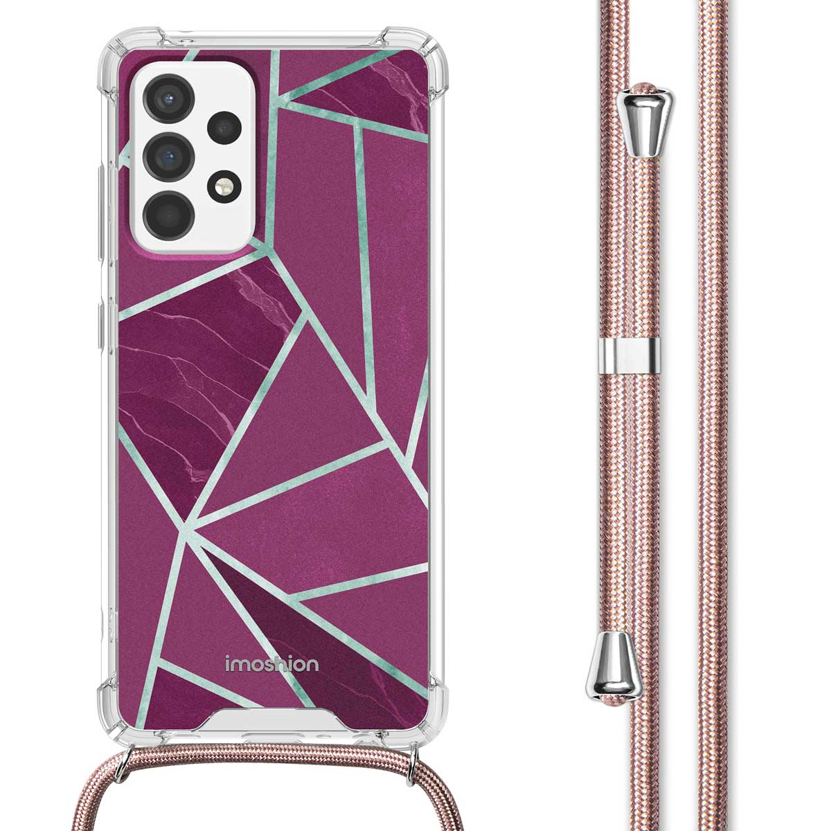 Paarse telefoonhoes met een geometrisch ontwerp en koord. Het ontwerp heeft paarse en blauwgroene kleuren.