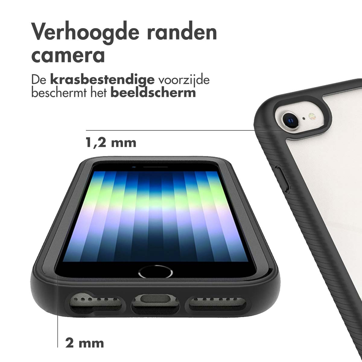 Close-up van een telefoonscherm met een zwarte hoes. De hoes is verhoogd rond het scherm.