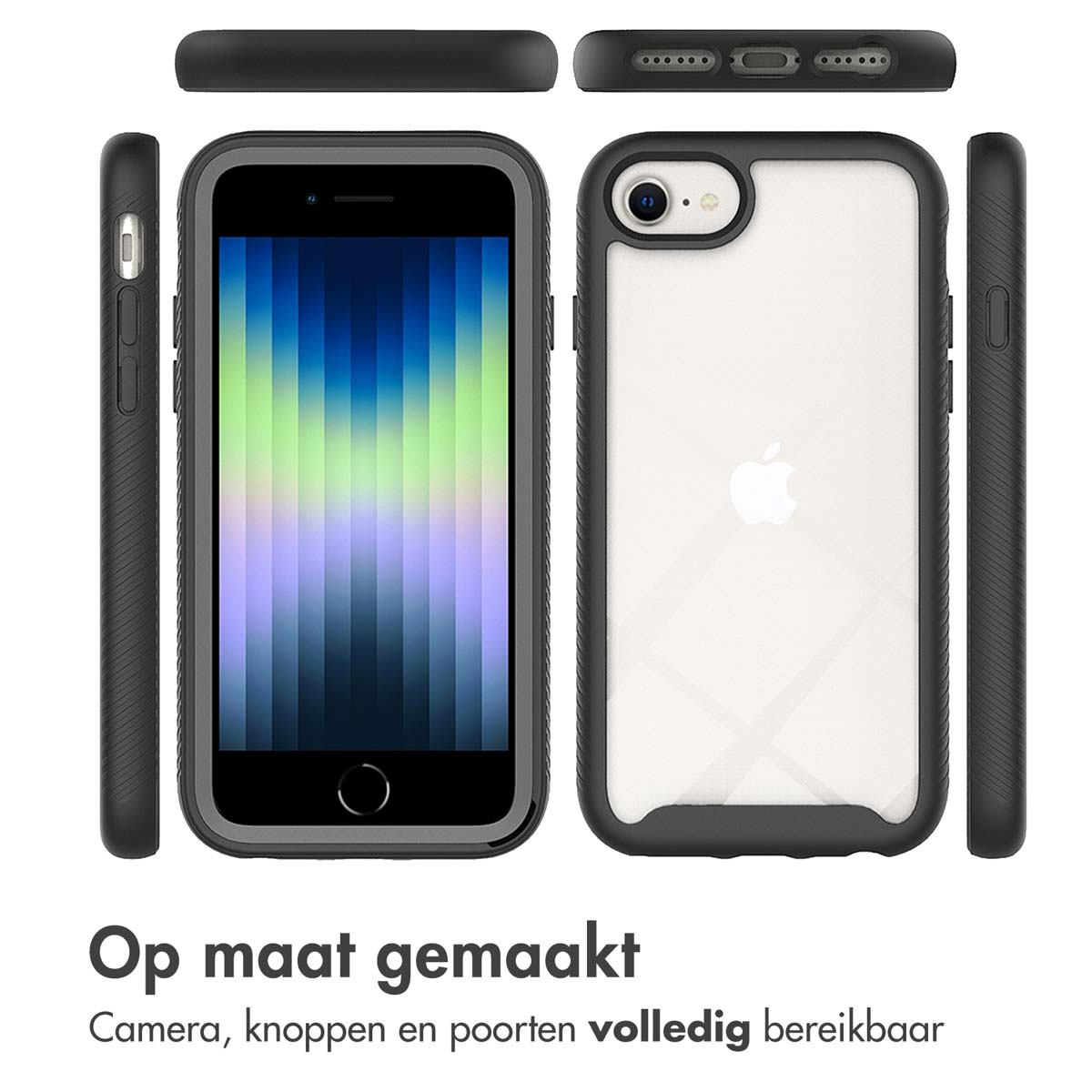 Zwarte telefoon in een zwarte hoes. Tekst luidt: Op maat gemaakt. Camera en poorten volledig toegankelijk.