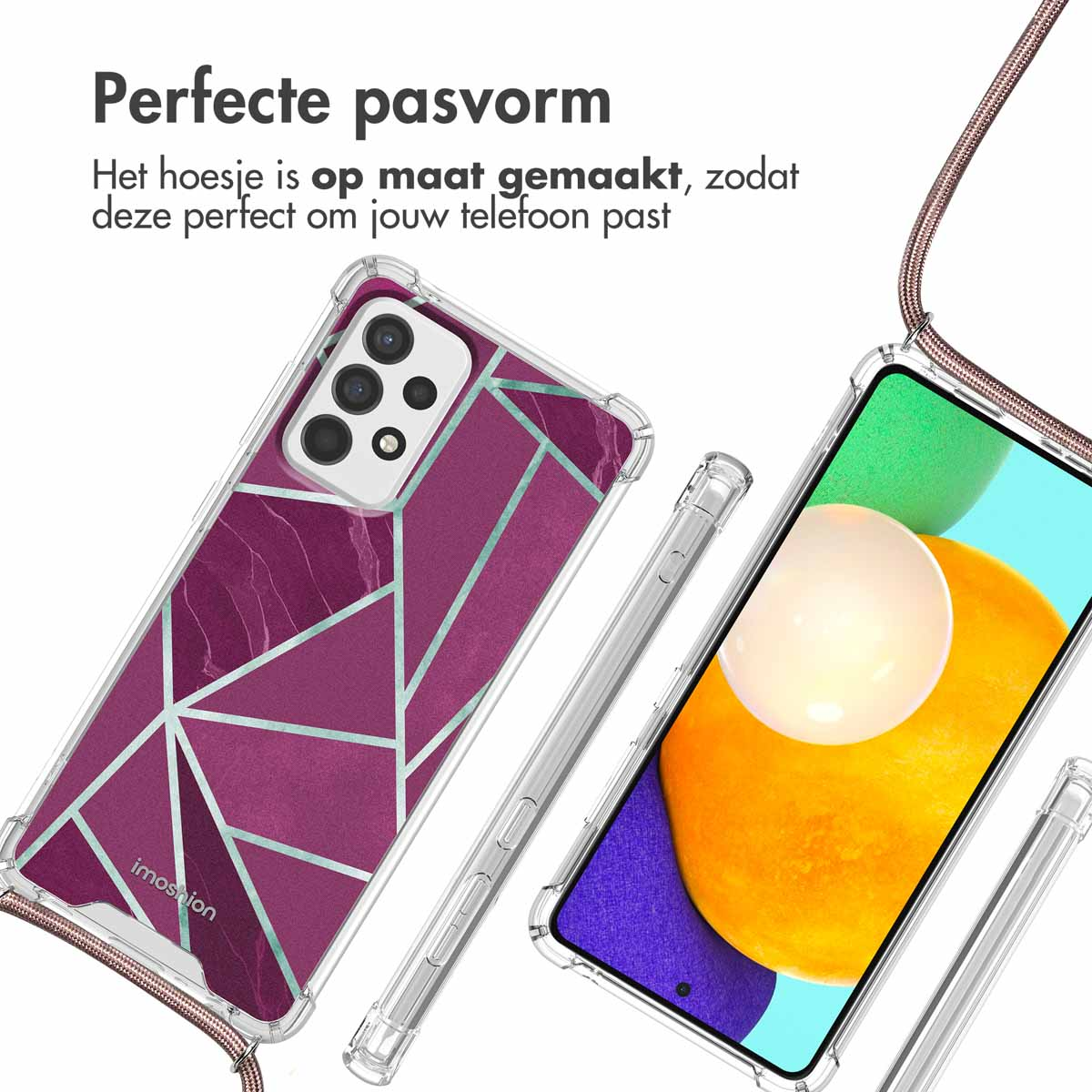 Twee telefoonhoesjes, een met een marmeren design, de andere met een telefoon erin.