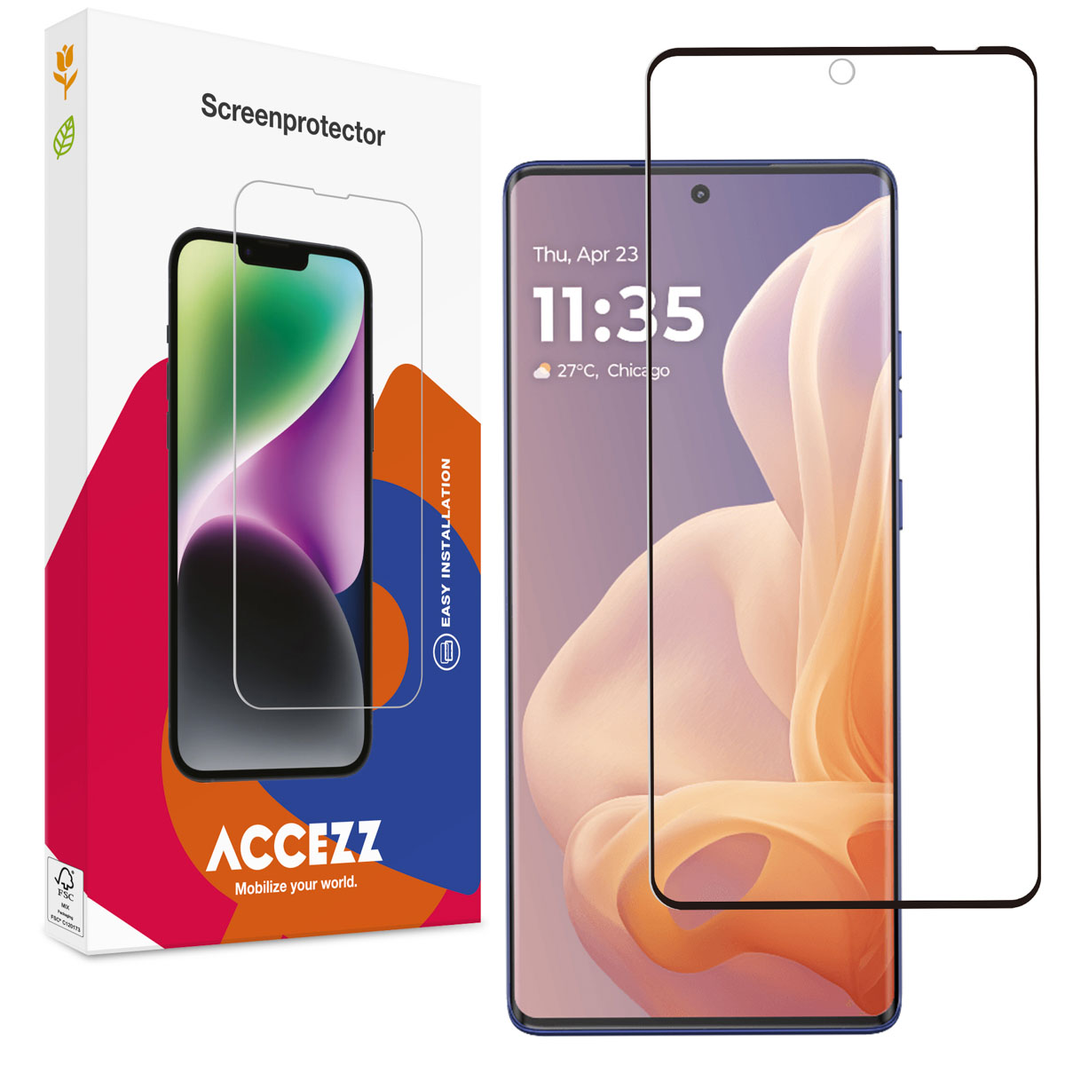 Schermbeschermer doos en telefoon met beschermer op scherm. Transparante schermbeschermer.