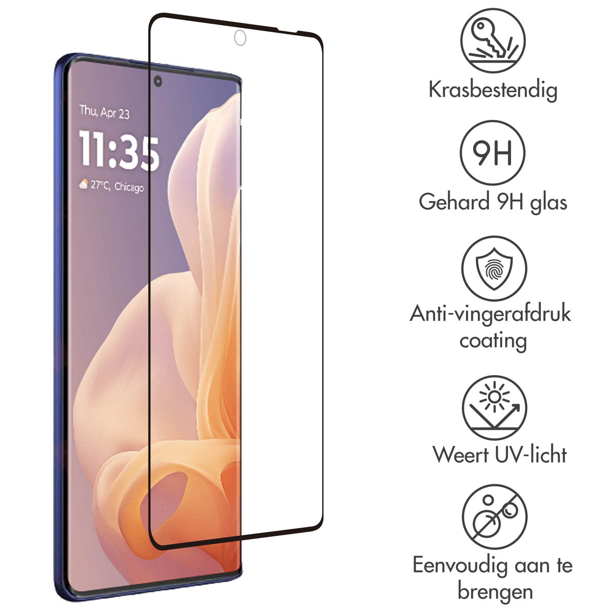 Een telefoon met schermbeschermer. Tekst op het scherm met datum en tijd. De achtergrond is wit.