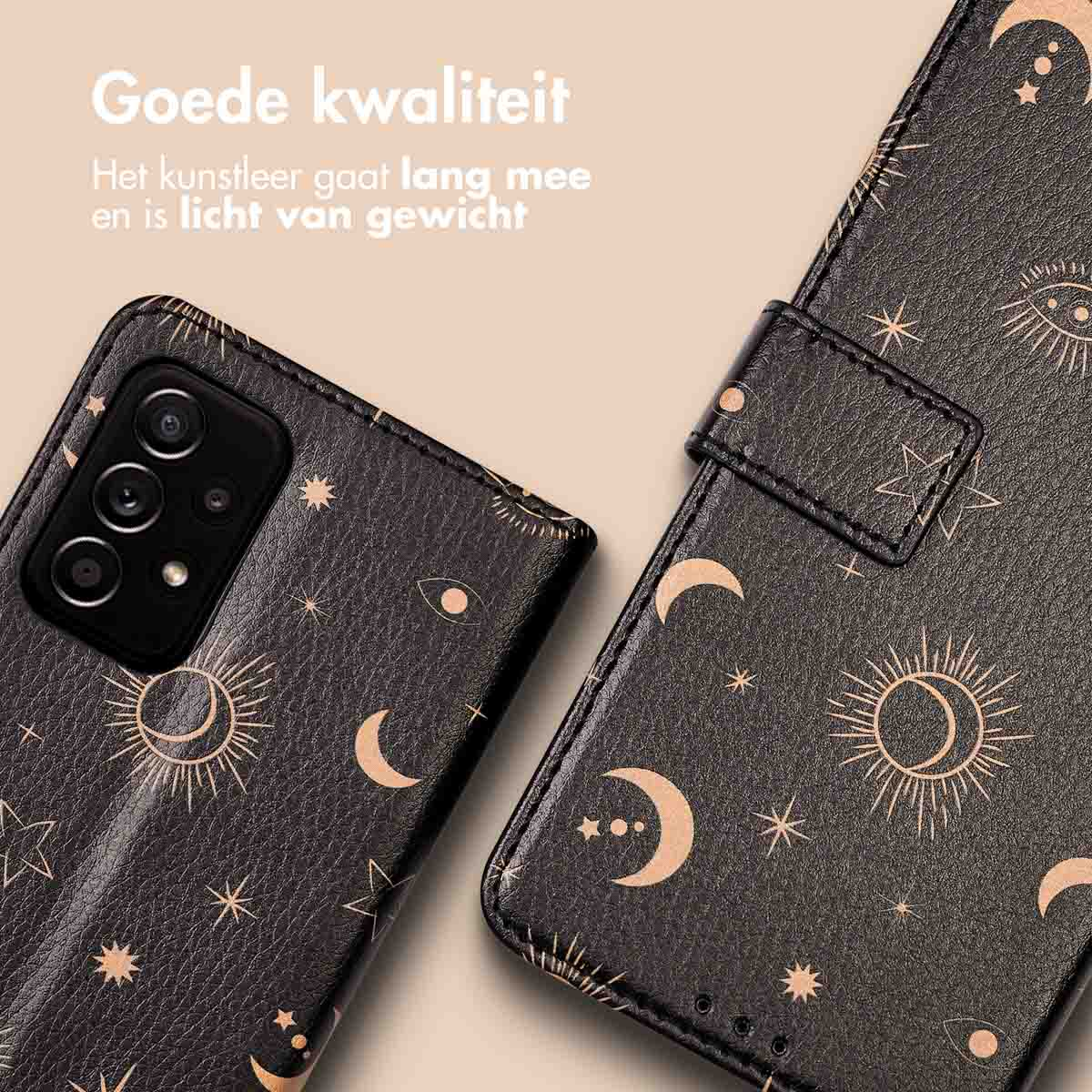Zwarte telefoonhoes met zon- en maanontwerp. Opent als een boek. Tekst: Goede kwaliteit.