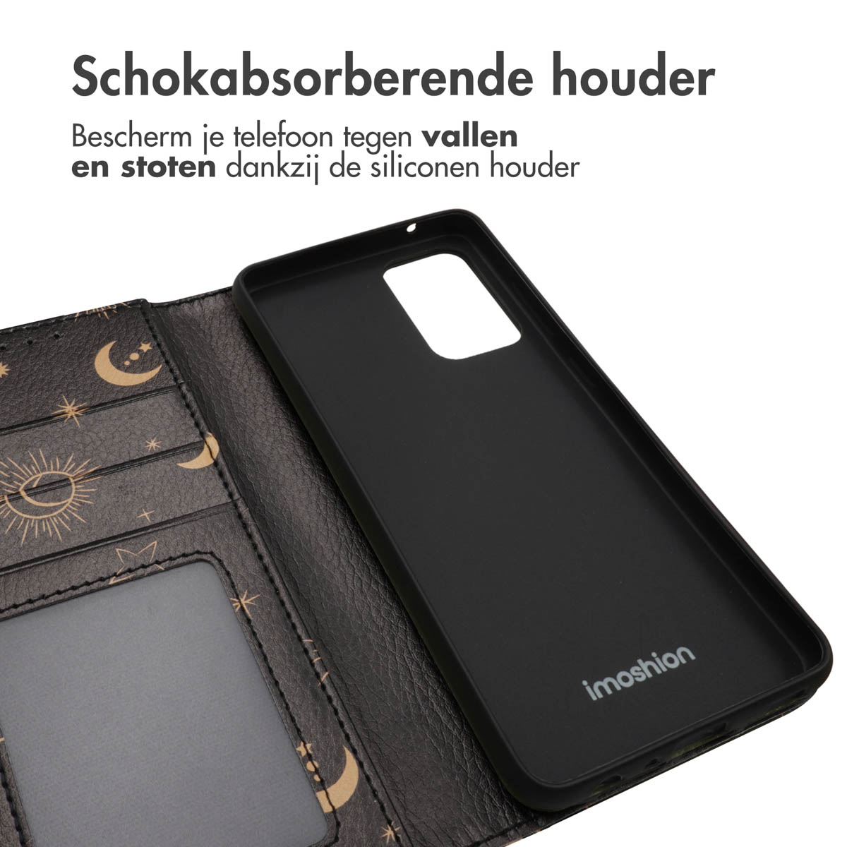 Telefoonhoes open, toont telefoon en binnenontwerp. De hoes is zwart met sterren.