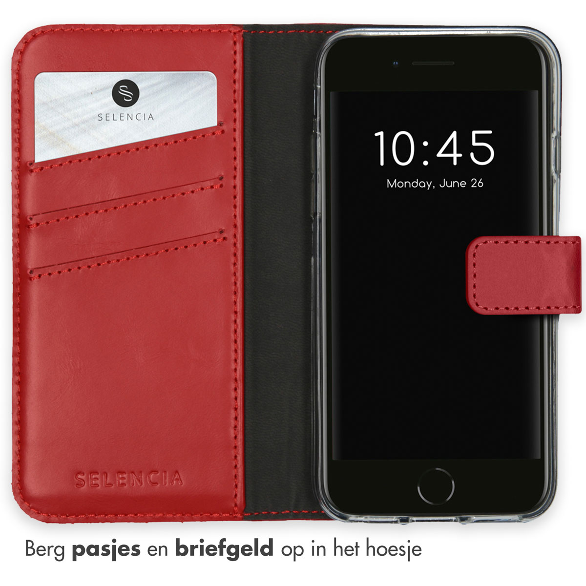 Rode telefoonhoes met telefoon, kaartsleuven en magnetische sluiting. Tijd en datum worden weergegeven.