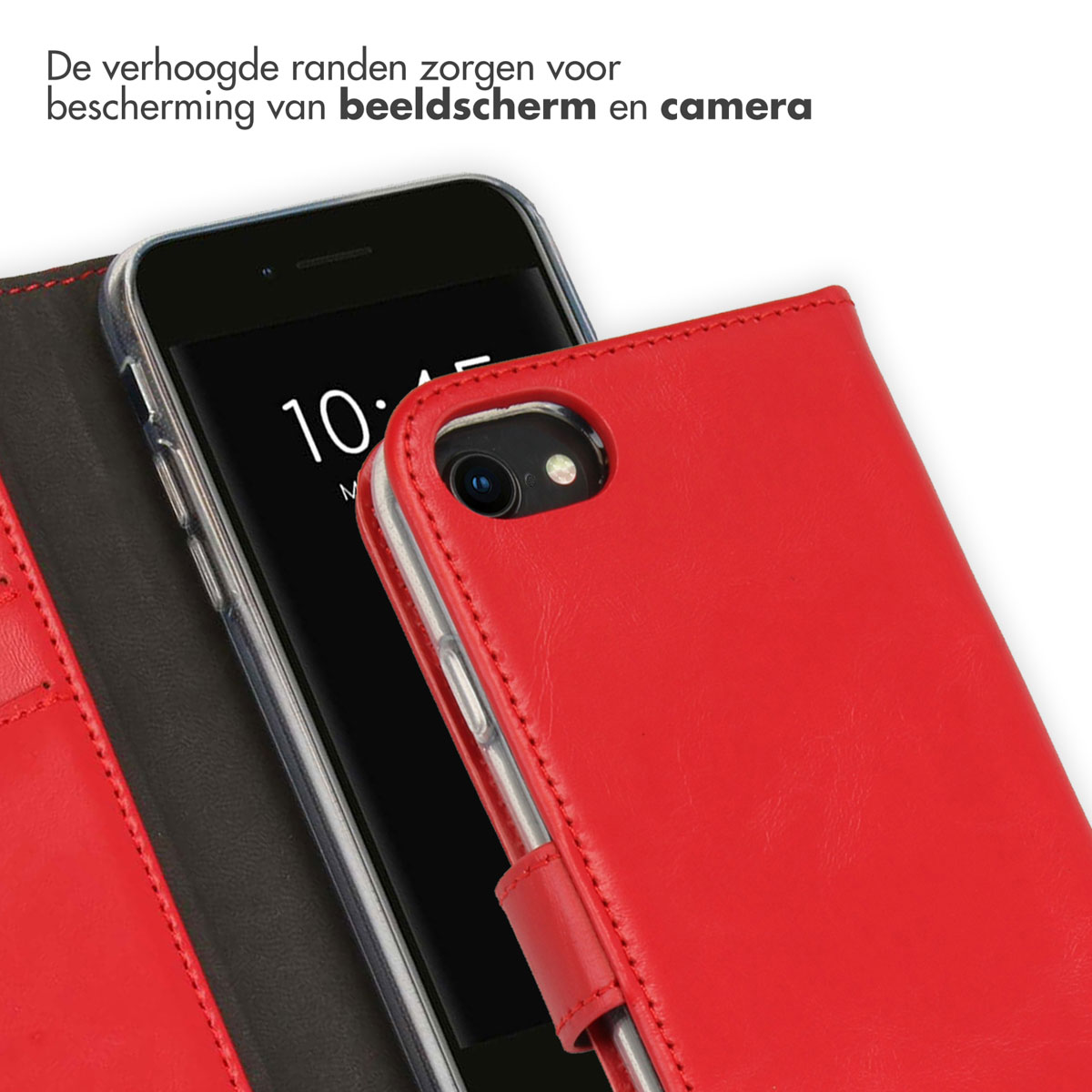Rode telefoonhoes. Telefoon erin. Hoesje dicht. Tekst: Verhoogde randen beschermen scherm en camera.