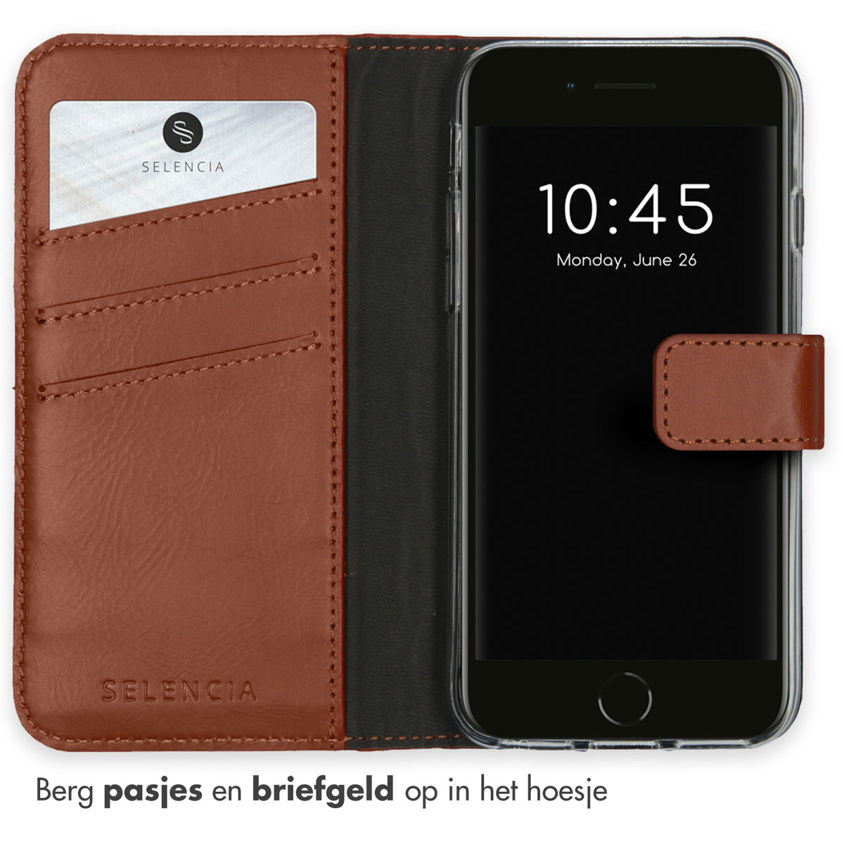 Bruin leren telefoonhoesje met kaartsleuven, telefoon met zichtbaar scherm.