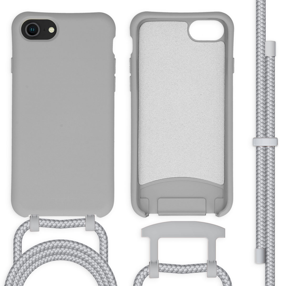Grijze telefoonhoes, telefoon, hoesonderdelen en een grijs koord. Witte achtergrond.