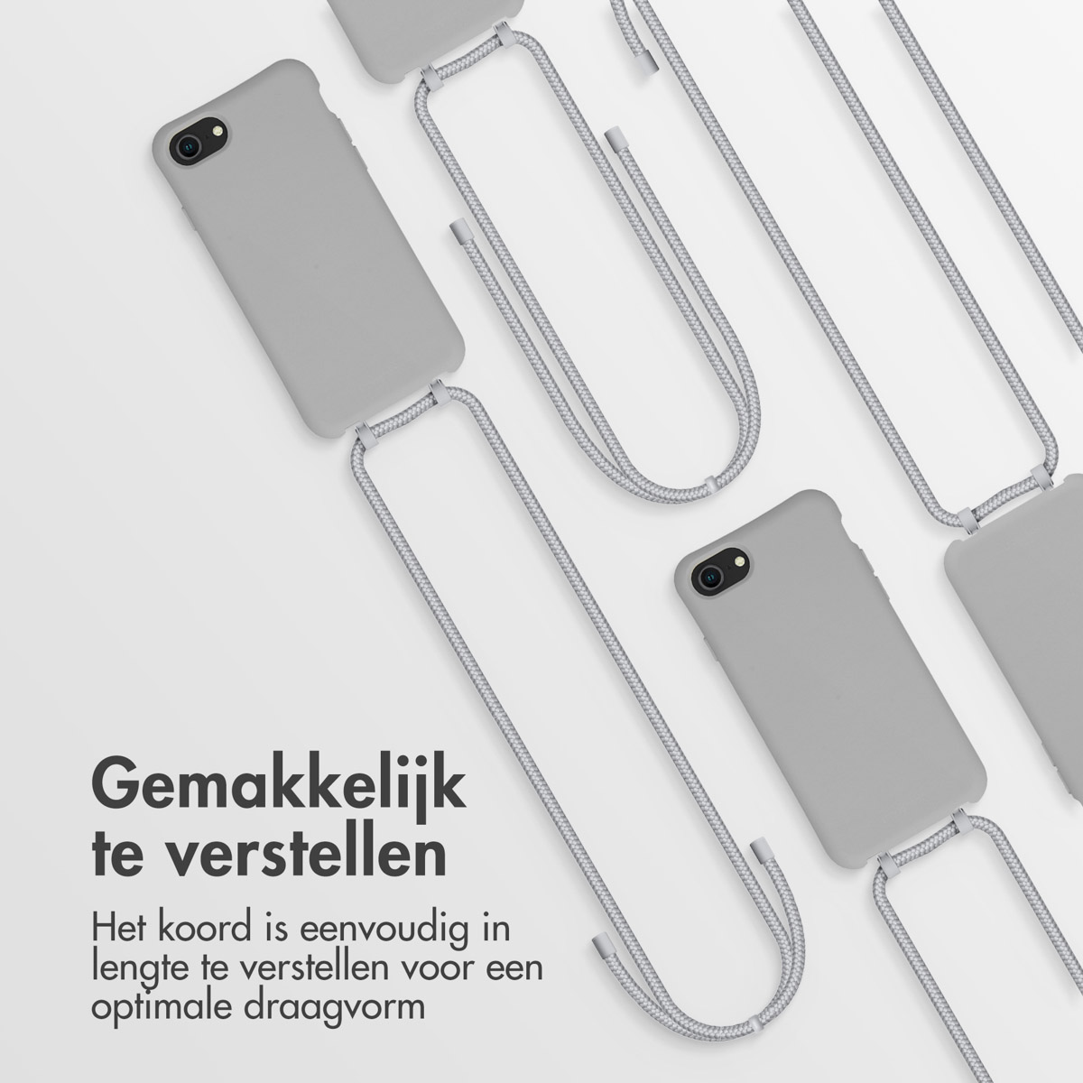 Meerdere telefoonhoesjes met riemen. Telefoons zijn grijs, met zilveren riemen. Eenvoudig aan te passen.