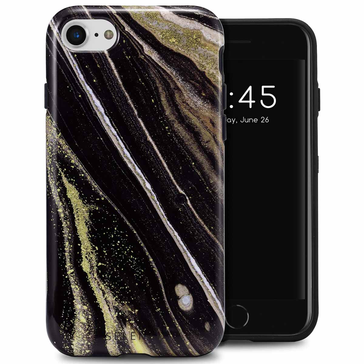 Un téléphone noir avec un étui effet marbre.