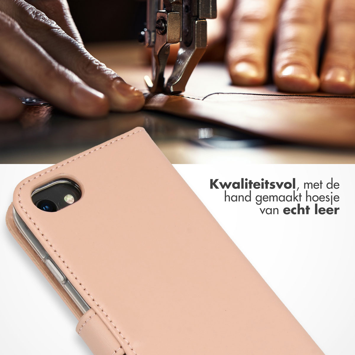 Afbeelding van een roze leren telefoonhoes die met de hand wordt genaaid, met naaimachine en handen.