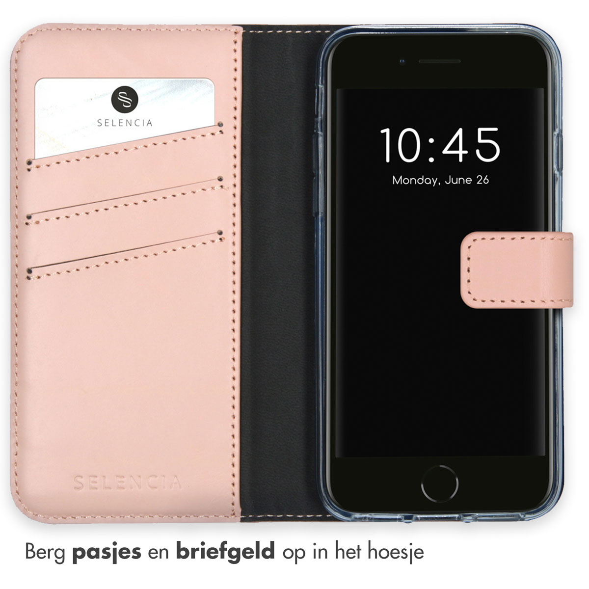 Roze telefoonhoesje, met een kaart erin en telefoon met een zwart scherm.