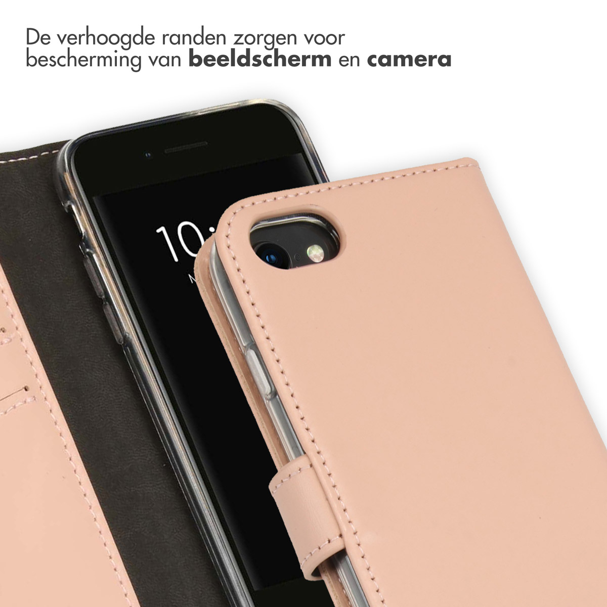 Een close-up van een telefoon in een roze hoesje, met het scherm en de camera.