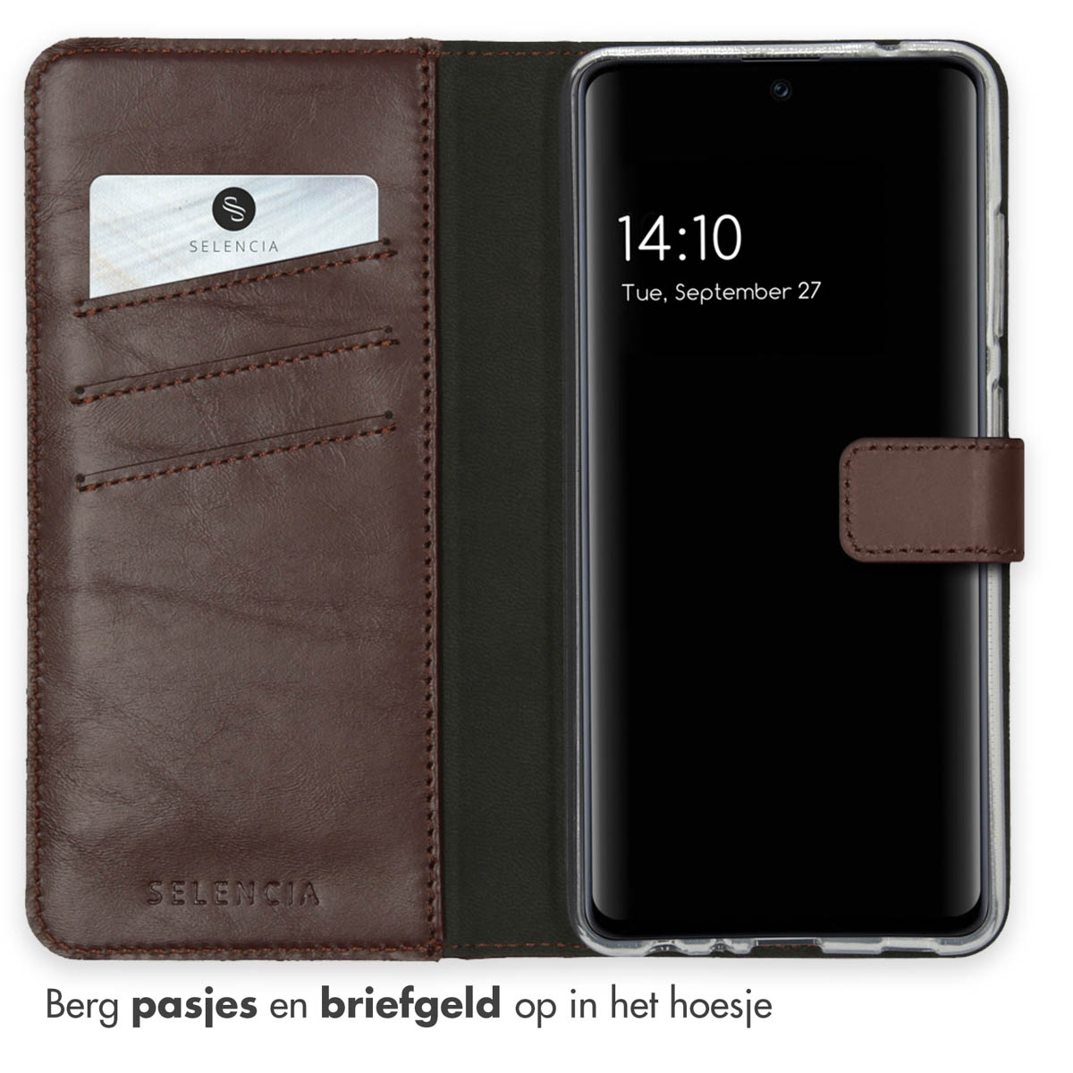 Braune Leder-Handyhülle, ein Telefon befindet sich darin. Im Inneren der Hülle befindet sich ein Kartenfach.