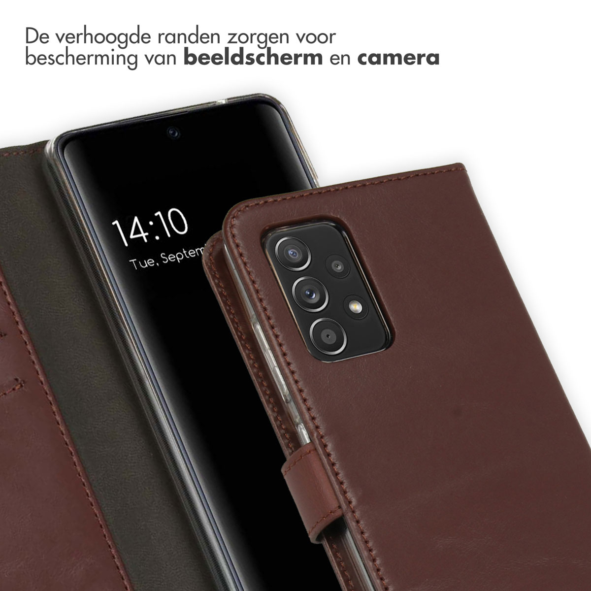Braune Handyhülle mit Telefon im Inneren, Kamera und Bildschirm sichtbar.