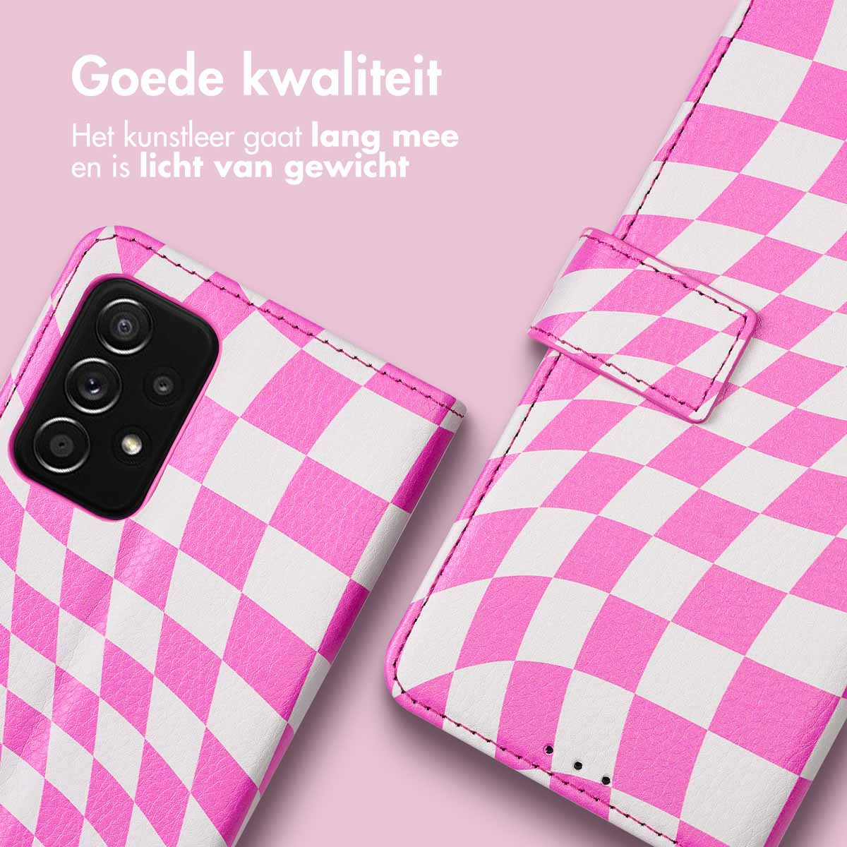 Roze en witte geruite telefoonhoes, open. Tekst in het Nederlands. Roze achtergrond.