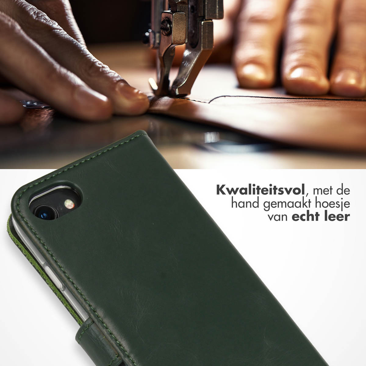 Een persoon die een groene leren telefoonhoes naait. De telefoonhoes is open. Achtergrond is wit.