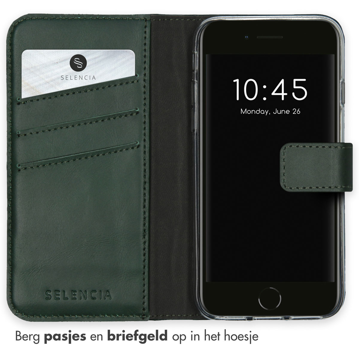 Telefoon in een groene leren hoes met kaartsleuven.