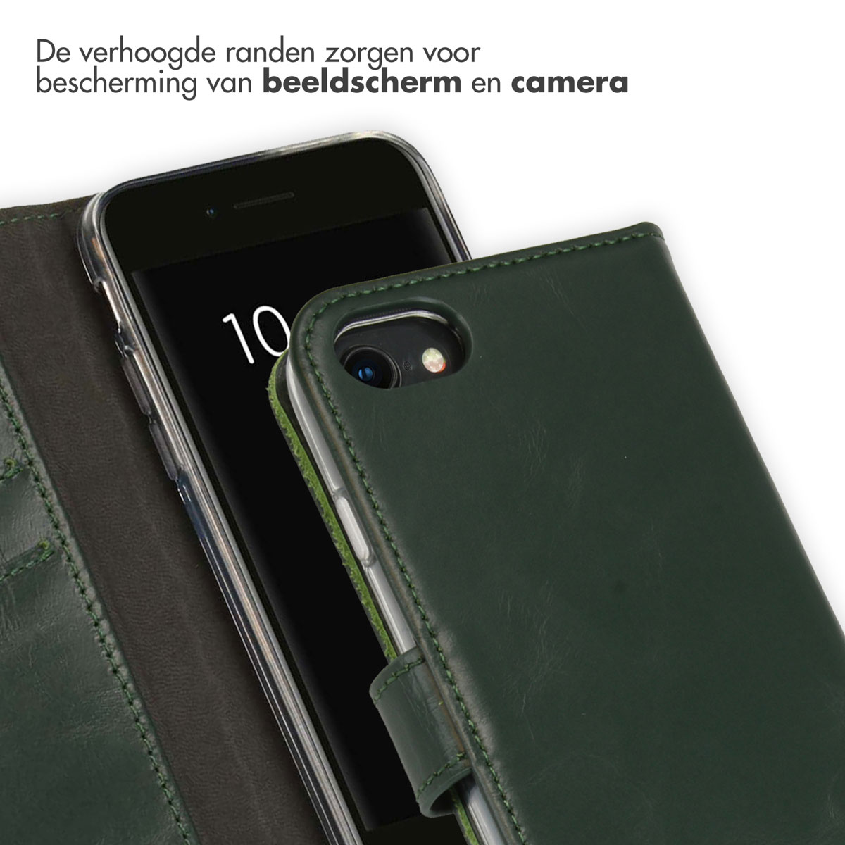 Groene telefoonhoes met een telefoon erin. De hoes heeft verhoogde randen om het scherm en de camera te beschermen.