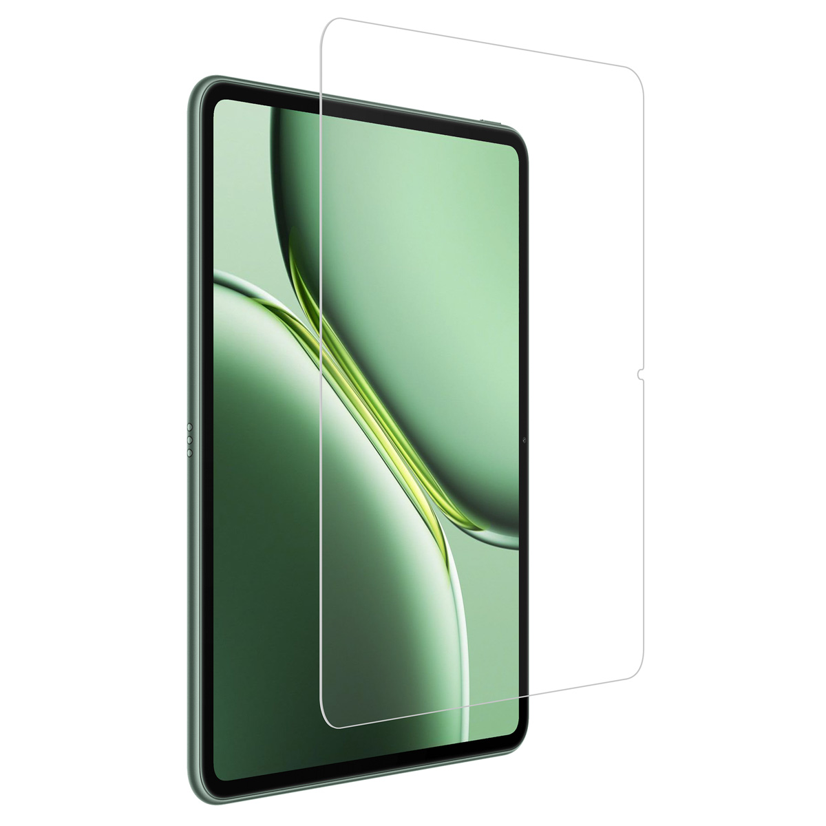 Groene tablet met schermbeschermer overlay. Witte achtergrond.