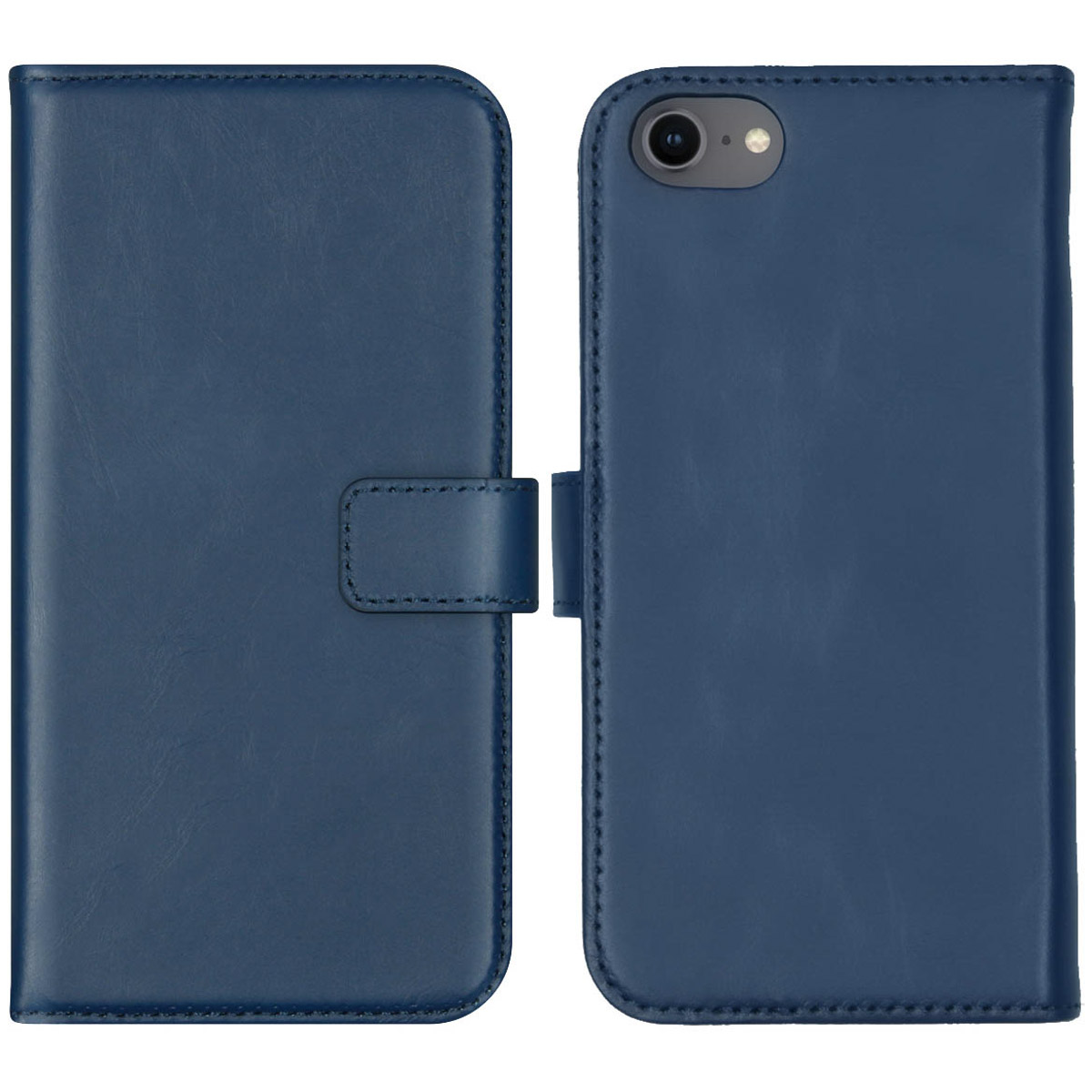 Marineblauwe leren telefoonhoes, open en dicht. De hoes heeft een magnetische sluiting.