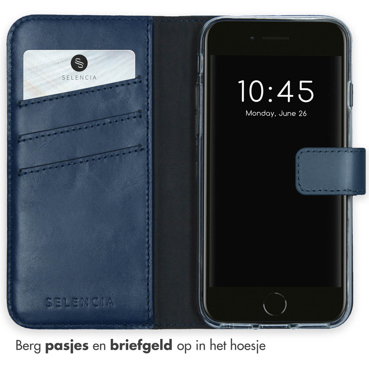 Blauwe leren telefoonhoes, open. Binnenin zitten kaarten en geld. Het telefoonscherm geeft de tijd weer.