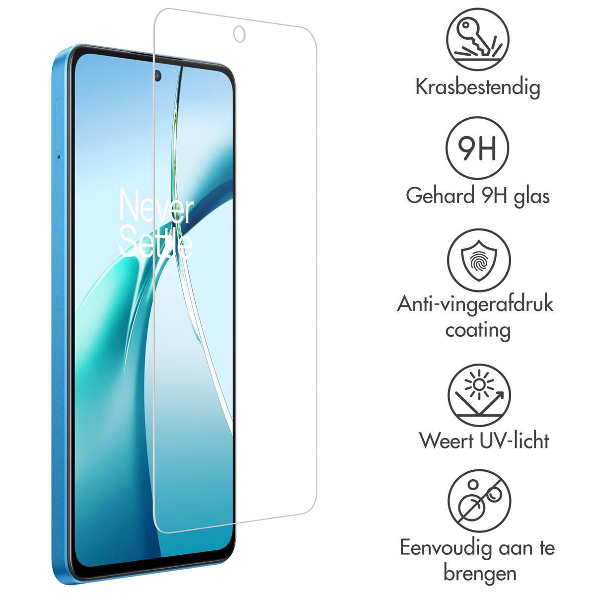 Blauwe telefoon met een schermbeschermer aangebracht. Tekst en pictogrammen over bescherming en eenvoudige toepassing.
